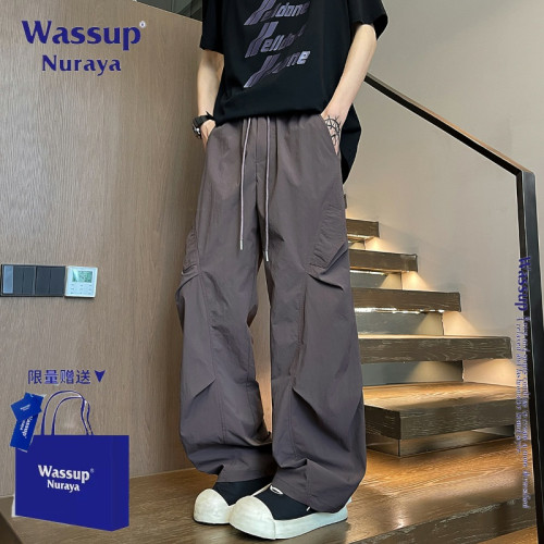 WASSUP NURAYA美式潮牌褶皺繖兵工裝褲男士夏季新款寬松休閒褲子