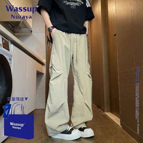 WASSUP NURAYA美式潮牌褶皺繖兵工裝褲男士夏季新款寬松休閒褲子