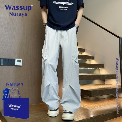 WASSUP NURAYA美式潮牌褶皺繖兵工裝褲男士夏季新款寬松休閒褲子