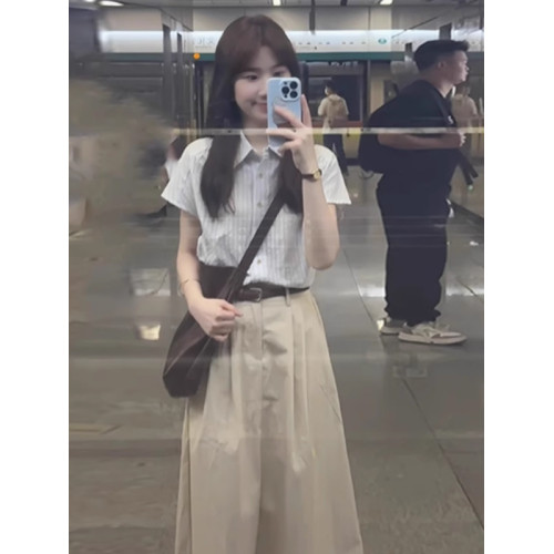 法式高級感藍色條紋襯衫女夏季設計感小衆復古寬松polo衫短袖上衣