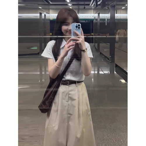 法式高級感藍色條紋襯衫女夏季設計感小衆復古寬松polo衫短袖上衣
