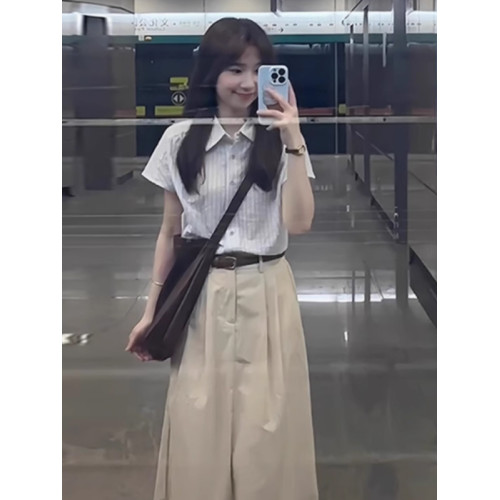 法式高級感藍色條紋襯衫女夏季設計感小衆復古寬松polo衫短袖上衣