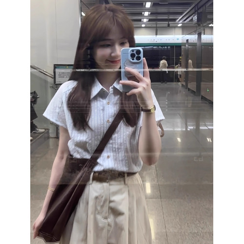 法式高級感藍色條紋襯衫女夏季設計感小衆復古寬松polo衫短袖上衣