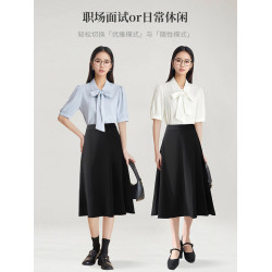 藍色雪紡襯衫女夏季短袖小個子職業穿搭正裝通勤上衣面試套裝襯衣