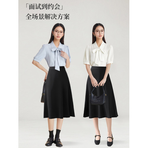 藍色雪紡襯衫女夏季短袖小個子職業穿搭正裝通勤上衣面試套裝襯衣