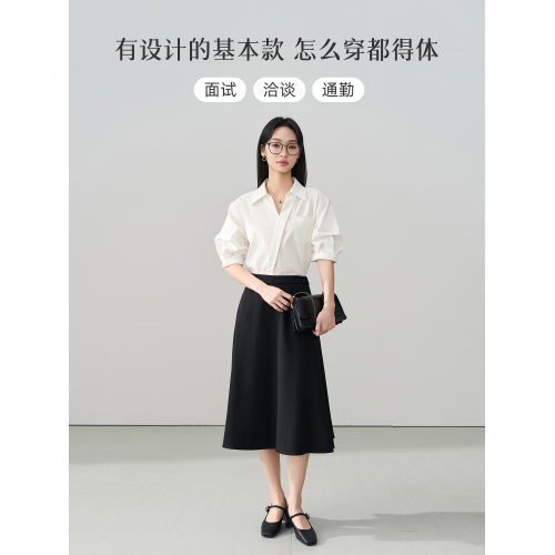 伯德小姐白色短袖襯衫黑色西裝裙子女夏季面試正裝高級感職業套裝