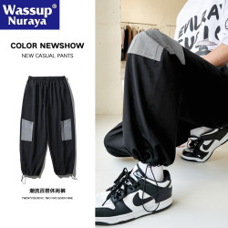 WASSUP NURAYA日系工裝褲男春夏補丁口袋潮牌寬鬆束腳休閒九分褲