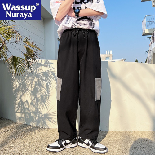 WASSUP NURAYA日系工裝褲男春夏補丁口袋潮牌寬鬆束腳休閒九分褲