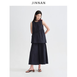 今南JINNAN  圓領無袖襯衫壓褶兩件套女濶腿直筒九分褲通勤套裝