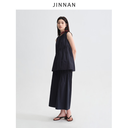 今南JINNAN  圓領無袖襯衫壓褶兩件套女濶腿直筒九分褲通勤套裝