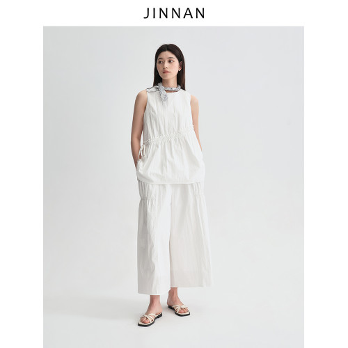 今南JINNAN  圓領無袖襯衫壓褶兩件套女濶腿直筒九分褲通勤套裝