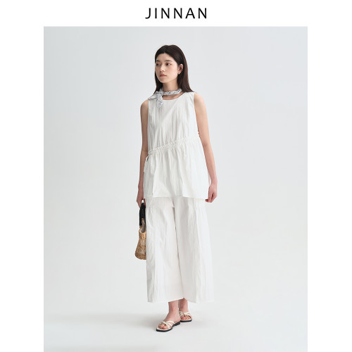 今南JINNAN  圓領無袖襯衫壓褶兩件套女濶腿直筒九分褲通勤套裝