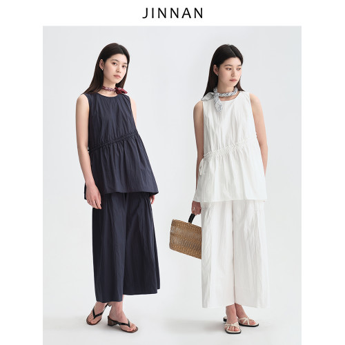 今南JINNAN  圓領無袖襯衫壓褶兩件套女濶腿直筒九分褲通勤套裝