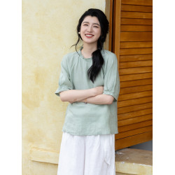 綻放旅行女裝343朵/【海街日記】砂洗亞麻花邊領插肩短袖襯衫女夏