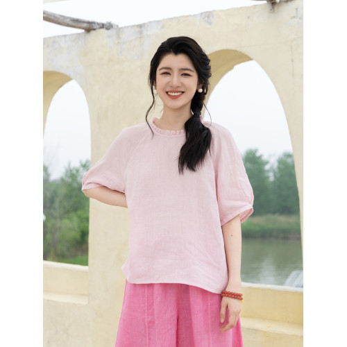 綻放旅行女裝343朵/【海街日記】砂洗亞麻花邊領插肩短袖襯衫女夏