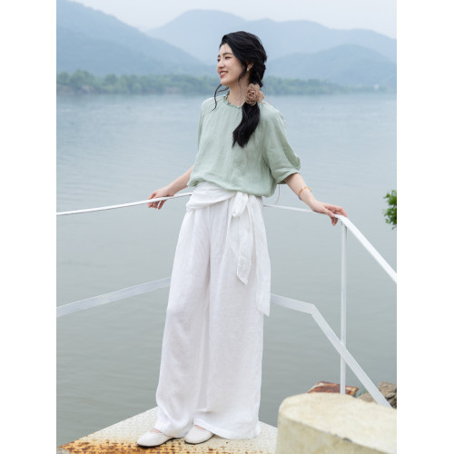 綻放旅行女裝343朵/【海街日記】砂洗亞麻花邊領插肩短袖襯衫女夏