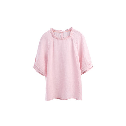 綻放旅行女裝343朵/【海街日記】砂洗亞麻花邊領插肩短袖襯衫女夏