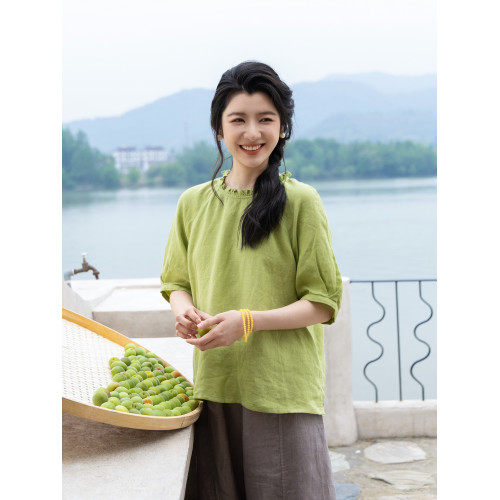 綻放旅行女裝343朵/【海街日記】砂洗亞麻花邊領插肩短袖襯衫女夏