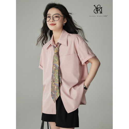 婭可家多巴胺穿搭粉色休閒短袖襯衫女夏季寬松顯瘦不易皺百搭襯衣