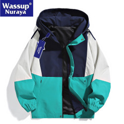 WASSUP Nuraya潮牌戶外沖鋒衣男春秋拼色寬鬆情侶連帽夾克外套男