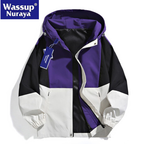 WASSUP Nuraya潮牌戶外沖鋒衣男春秋拼色寬鬆情侶連帽夾克外套男