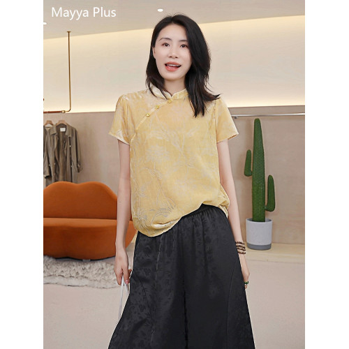 麥芽Mayya Plus 國風立領絲絨燒花短袖襯衫女夏復古盤釦黃色上衣