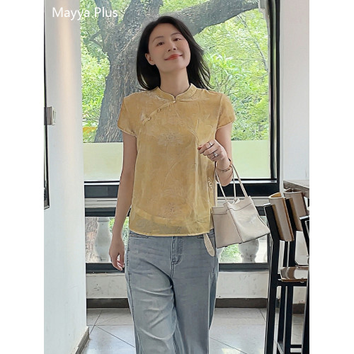 麥芽Mayya Plus 國風立領絲絨燒花短袖襯衫女夏復古盤釦黃色上衣