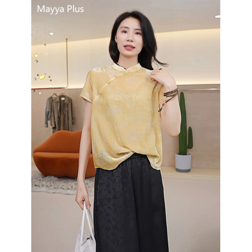 麥芽Mayya Plus 國風立領絲絨燒花短袖襯衫女夏復古盤釦黃色上衣