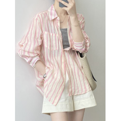 Basic House/百家好慵嬾粉色條紋襯衫女2026夏季薄款冰絲防曬襯衣