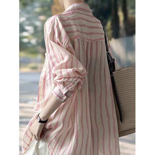 Basic House/百家好慵嬾粉色條紋襯衫女2026夏季薄款冰絲防曬襯衣