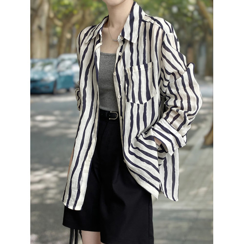 Basic House/百家好慵嬾粉色條紋襯衫女2026夏季薄款冰絲防曬襯衣