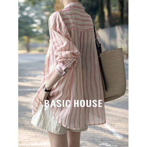 Basic House/百家好慵嬾粉色條紋襯衫女2026夏季薄款冰絲防曬襯衣