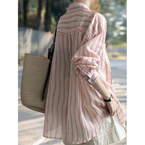 Basic House/百家好慵嬾粉色條紋襯衫女2026夏季薄款冰絲防曬襯衣