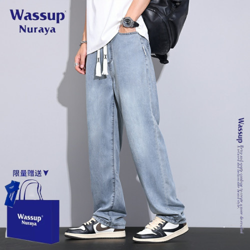 WASSUP NURAYA夏季天絲復古垂感牛仔褲男潮流寬松青少年冰絲長褲