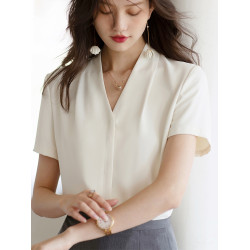 OFFIY 高智氣質 高級輕熟V領法式短袖職業通勤灰色白色襯衫女上衣