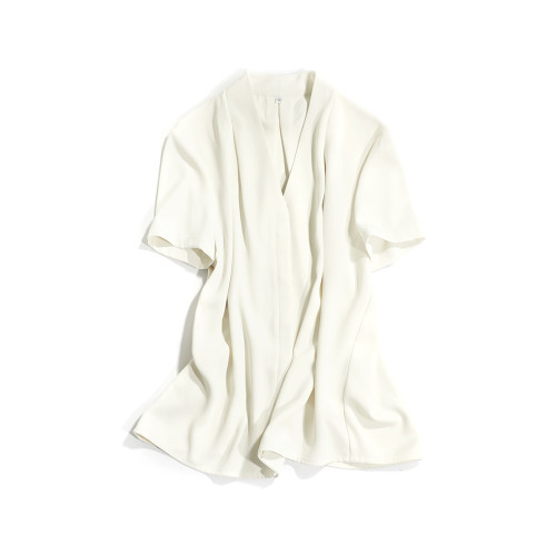 OFFIY 高智氣質 高級輕熟V領法式短袖職業通勤灰色白色襯衫女上衣