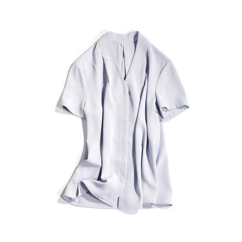 OFFIY 高智氣質 高級輕熟V領法式短袖職業通勤灰色白色襯衫女上衣