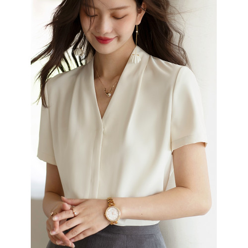 OFFIY 高智氣質 高級輕熟V領法式短袖職業通勤灰色白色襯衫女上衣