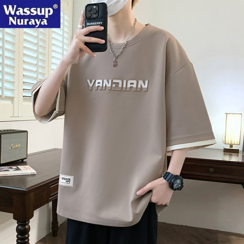 WASSUP NURAYA假兩件短袖t恤男夏季薄款寬松百搭加肥加大碼半袖潮