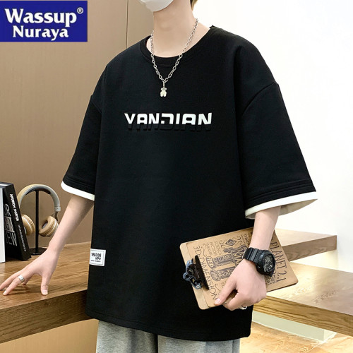 WASSUP NURAYA假兩件短袖t恤男夏季薄款寬松百搭加肥加大碼半袖潮