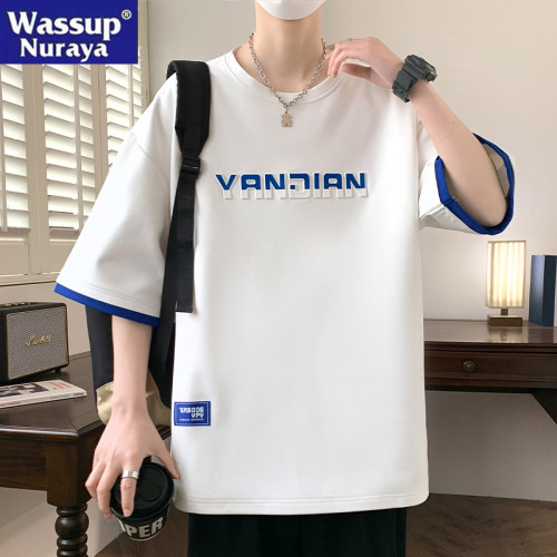 WASSUP NURAYA假兩件短袖t恤男夏季薄款寬松百搭加肥加大碼半袖潮