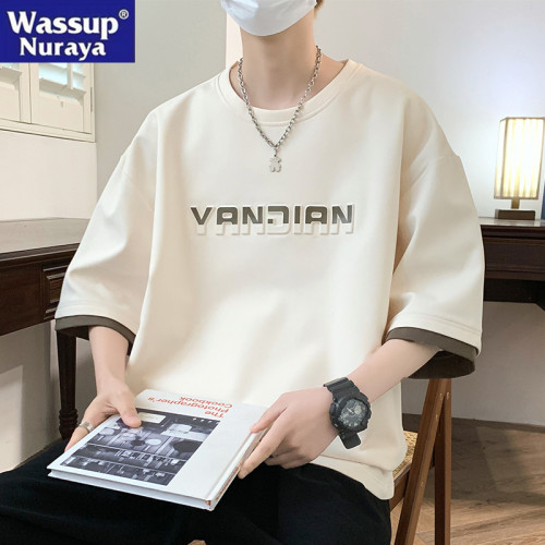 WASSUP NURAYA假兩件短袖t恤男夏季薄款寬松百搭加肥加大碼半袖潮