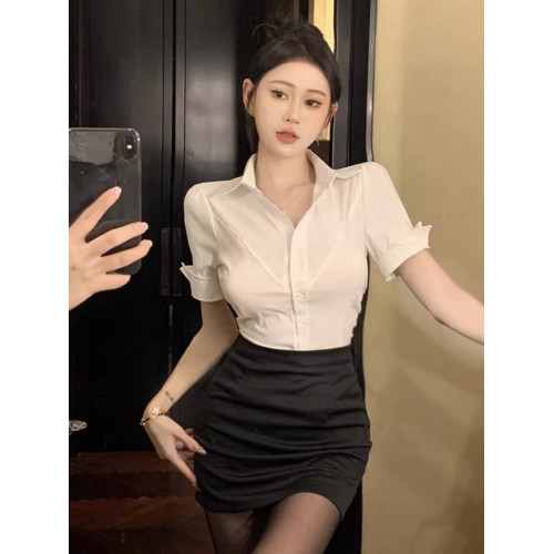 純欲通勤職業收腰白襯衫女夏季修身性感包臀裙足浴技師工作服套裝
