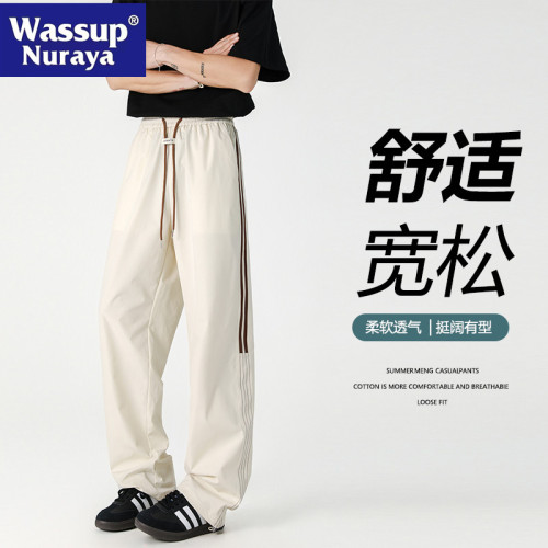 WASSUP NURAYA美式條紋休閒褲春秋寬鬆直筒運動褲男生青年長褲子