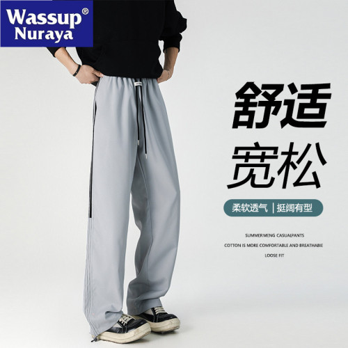 WASSUP NURAYA美式條紋休閒褲春秋寬鬆直筒運動褲男生青年長褲子