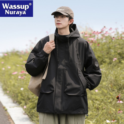 WASSUP NURAYA戶外運動休閒連帽夾克男青年防潑水沖鋒衣工裝外套