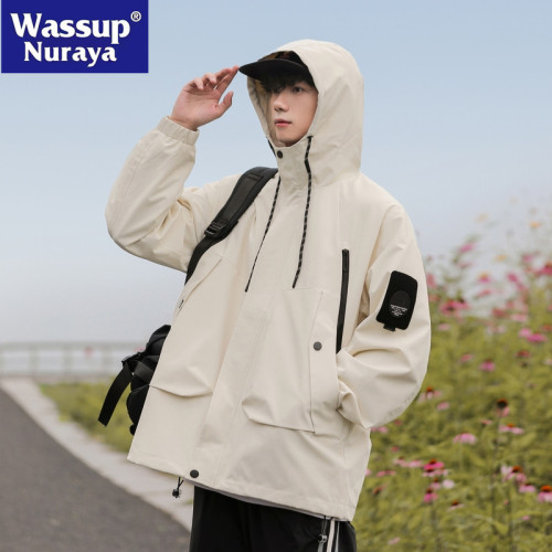 WASSUP NURAYA戶外運動休閒連帽夾克男青年防潑水沖鋒衣工裝外套