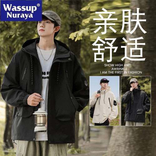 WASSUP NURAYA戶外運動休閒連帽夾克男青年防潑水沖鋒衣工裝外套