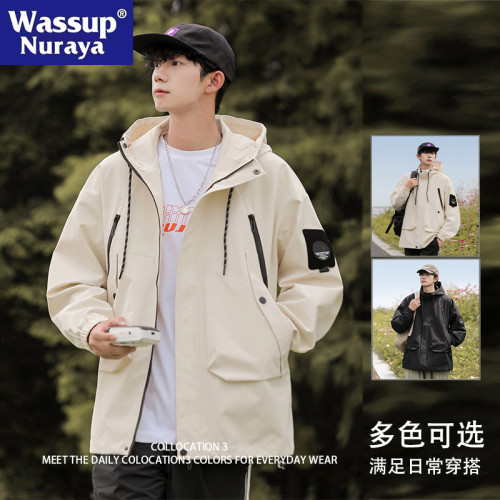 WASSUP NURAYA戶外運動休閒連帽夾克男青年防潑水沖鋒衣工裝外套