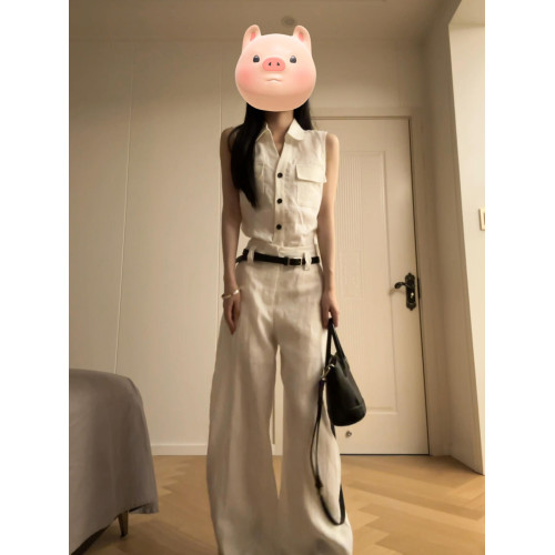 2025新款白色V領無袖襯衫女夏季高級感氣質又a又颯禦姐兩件套裝